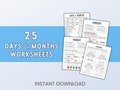 25 Days, Months , Seasons Tracing Practice Sheets, Handwriting Worksheets, Kids Preschool Kindergarten Homeschool Printable Activities