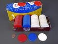 Vintage Van Dyke Noiseless Poker Chips in Original Box, Ca. 1960's - 100 Fleur de Lis Unbreakable Chips in Assorted Colors - Good condition