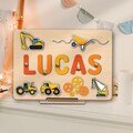 Construction Busy Board for Baby Boy Custom Name Puzzle Wooden Montessori Toy for Kids 1st 2nd Birthday Gift Toddler Baby Shower Nursery