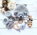Wolf baby gift set Pregnancy gift box New mom gift Baby shower gift set Newborn gift basket Crochet Wolf baby first rattle toy & booties set
