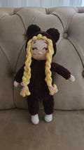 Handmade Crochet Doll in Bear Costume - Amigurumi Plush Toy, Customizable Knitted Toy, Unique Gift for Kids, Collectible Handmade Doll