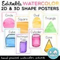 Editable Watercolor 2D and 3D Shape Posters, Printable Classroom Decorations For Rainbow Classroom Decor Theme