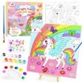 Kids Pre Drawn Canvas for Painting, Acrylic Painting Kit for Kids ages 4-8, 10 x10 Inch Unicorn Pre Drawn Canvas Panel with Diamond Sticker
