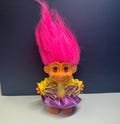 1990s Cheerleader Troll Doll, Pink Hair, Purple, Yellow, Pompoms, Vintage Collectible Toy, Russ
