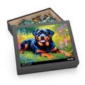 Puzzle, Rottweiler Sitting on Blooming Springflowers Meadow, Vibrant Rich Colors, Animal Lover Gift, Relaxing Jigsaw Puzzle, Mindfulness